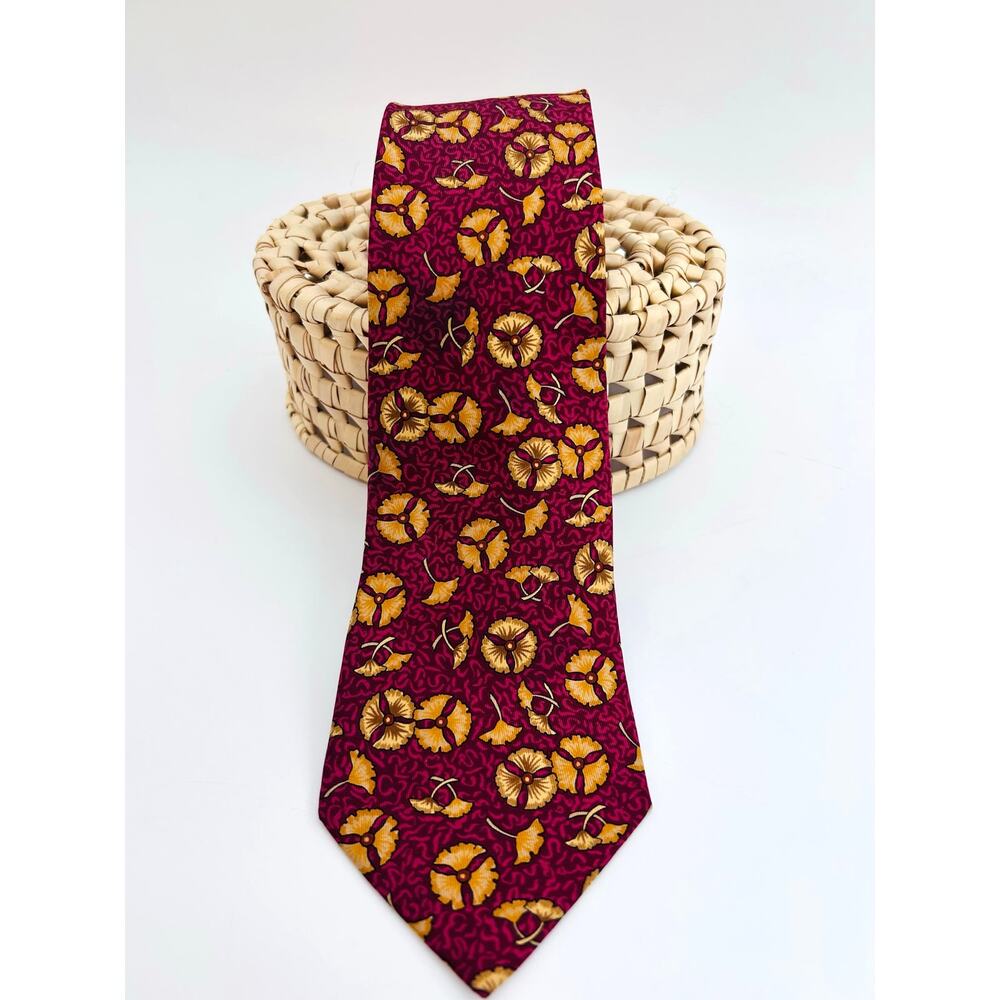 Hermes Burgundy and‎ Yellow Floral Motif Silk Tie